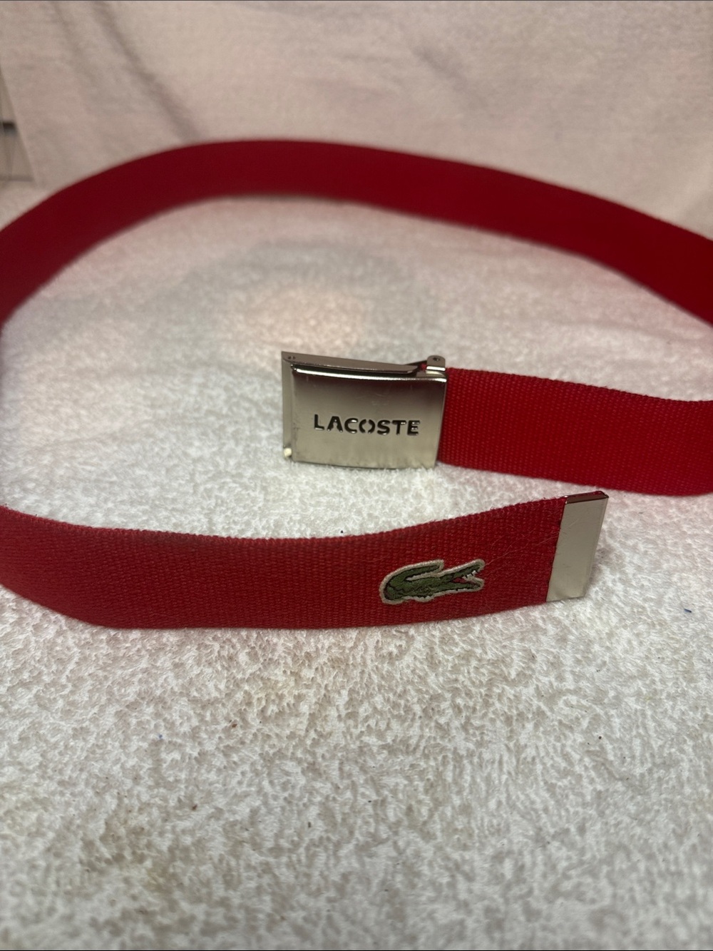 Lacoste Red Canvas Belt with Silver Buckle and Crocodile Patch